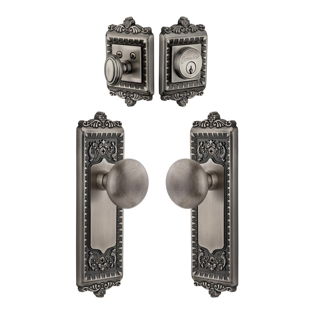 Grandeur by Nostalgic Warehouse Single Cylinder Combo Pack Keyed Differently - Windsor Plate with Fifth Avenue Knob and Matching Deadbolt in Antique Pewter